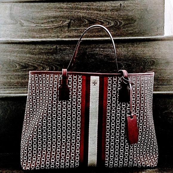 AUTHENTIC TORY BURCH GEMINI CHAIN LINK BURGUNDY LARGE TOTE BAG - Picture 2 of 2